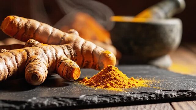 Turmeric Root And Powder Still Life With Smoke Emanating For Culinary Or Health