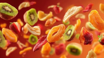 Healthy mix of colorful dried fruits and fresh strawberry slices flying in mid-air, dynamic motion shot against a vibrant orange and red background.
