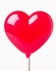 Red lollipop heart shape. Happy Saint Valentine Day symbol. Cute bright lollipop on a white stick. Detailed photo