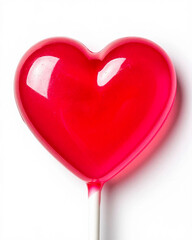 Red lollipop heart shape. Happy Saint Valentine Day symbol. Cute bright lollipop on a white stick. Detailed photo