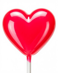 Red lollipop heart shape. Happy Saint Valentine Day symbol. Cute bright lollipop on a white stick. Detailed photo