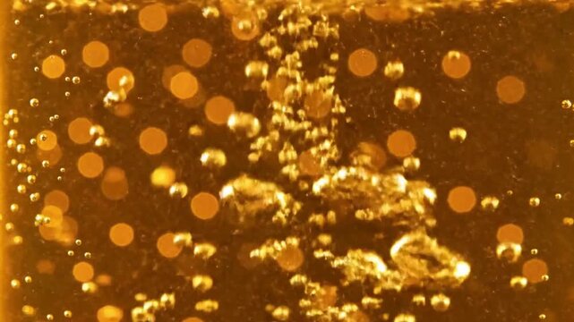 Close-up of golden beer bubbles rising in a glass abstract background with bokeh effect refreshing beverage concept for advertising