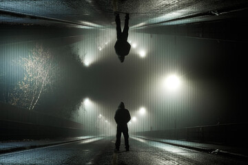 An upside down edit of a spooky mysterious hooded figure. Standing in the road on a foggy winters night