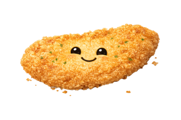 A smiling breaded and fried food item on a black background