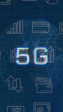 Vertical video: Glow starting 5G mark pulsing while globe and money icons shifting showing network