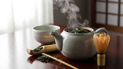 Traditional tea ceremony preparation with ceramic teapot loose leaves Mountain bike repair station outdoors with mechanic adjusting gears mud stainsteam rising calm minimal environment cultural ritual