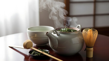 Traditional tea ceremony preparation with ceramic teapot loose leaves Mountain bike repair station outdoors with mechanic adjusting gears mud stainsteam rising calm minimal environment cultural ritual