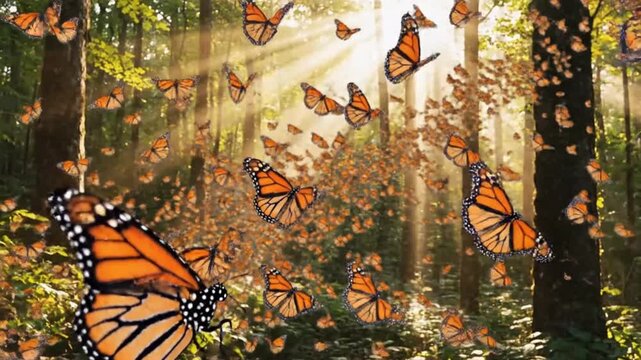 Monarch Butterflies Swarm Forest Sunbeams, Migration, Nature, Wildlife, Spring Awakening