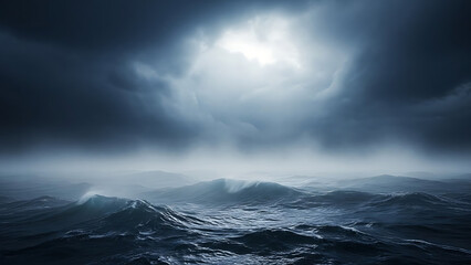 Stormy ocean waves under a dark and dramatic cloudy sky