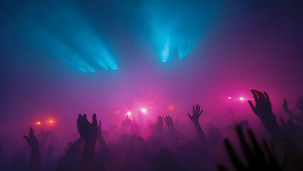Fototapeta premium Dancing people DJ nightclub silhouette. People with their hands raised, enjoying music and dancing. Concert crowd rave music party night event. People dancing with their hands raised with spotlights. 