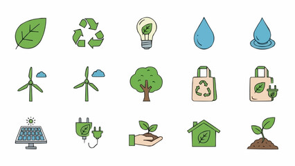 Collection of eco friendly icons and symbols for sustainability.