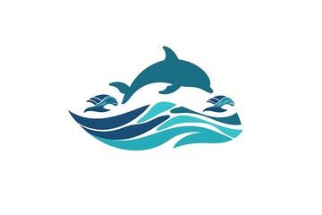 Dolphin jumping out of ocean waves with sailboats marine conservation symbol