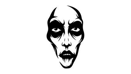 Fototapeta premium Black and white illustration of a creepy zombie face with dark eye makeup and sharp teeth on a white background