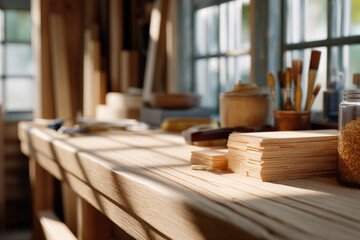 Sunlit Furniture Shop Showcasing Wooden Craftsmanship and Artisan Tools in a Cozy Workshop