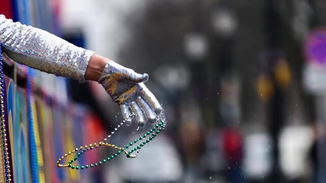 Close-up of sequined glove tossing beads from a parade float