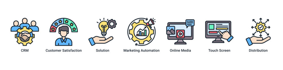 Customer Solutions banner featuring CRM tools, marketing automation, and digital customer engagement icons