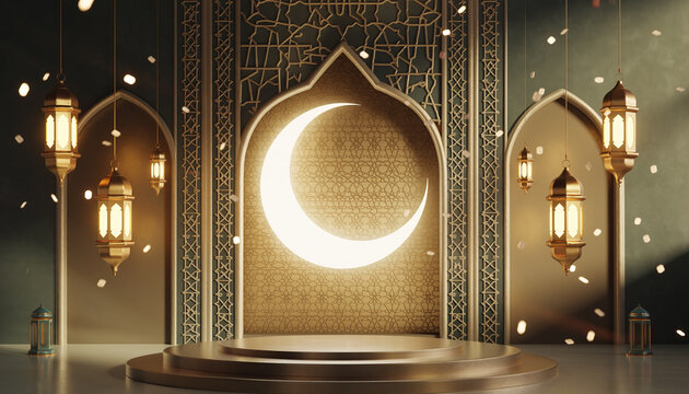 Elegant Ramadan Kareem or Eid Mubarak background with luminous golden crescent moon, ornate Islamic lanterns, and a stage podium for spiritual festival greetings