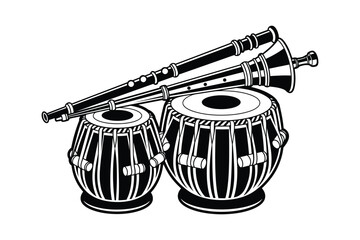 Tabla silhouette with shehnai Indian classical music vector