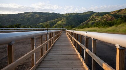 Obraz premium Wooden walkway with pipelines leads through a rolling landscape at golden hour