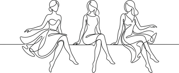 Continuous line drawing of three elegant women sitting together in different dresses minimalist vector illustration for fashion and beauty concept