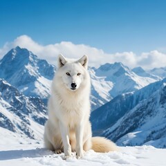 Obraz premium White wolf sitting in snowy mountain landscape arctic wolf