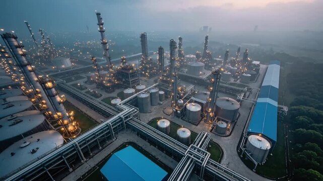 Illuminated oil refinery infrastructure against cloudy evening sky. Heavy industrial plant producing fuel resources.