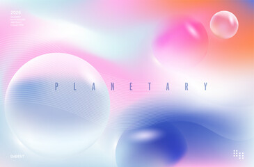 Professional landing page vector template featuring a misty pink and blue aura gradient background with translucent glass spheres and fluid wavy lines for cover, banner, poster, flyer, presentation, a