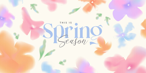 Professional horizontal spring floral banner background template featuring soft blurred aura flowers and elegant typography 'This is Spring Season' for aesthetic branding collection
