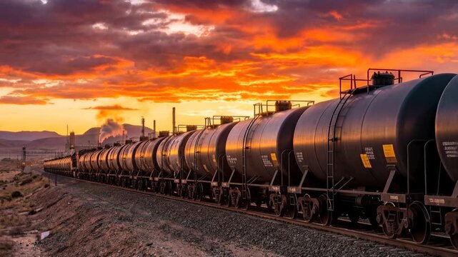 Crude oil transport train at dusk with industrial refinery in background. Static wide shot of cylindrical tanker cars on railway tracks.