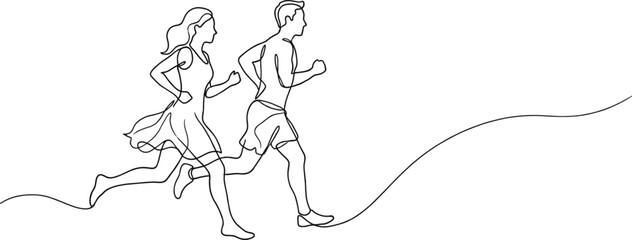 Continuous line drawing of man and woman running together outdoors minimalist vector illustration of active couple jogging in outline style