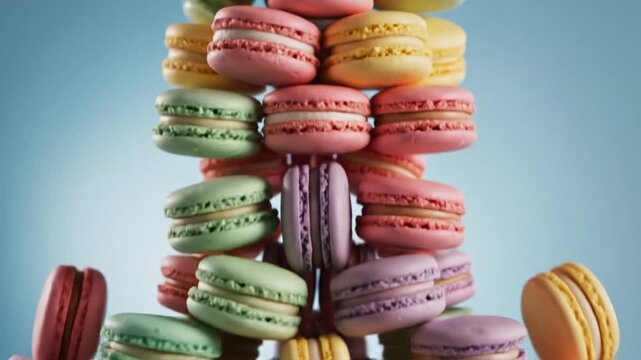 A vibrant tower of assorted colorful macarons stacked haphazardly in a close-up studio shot