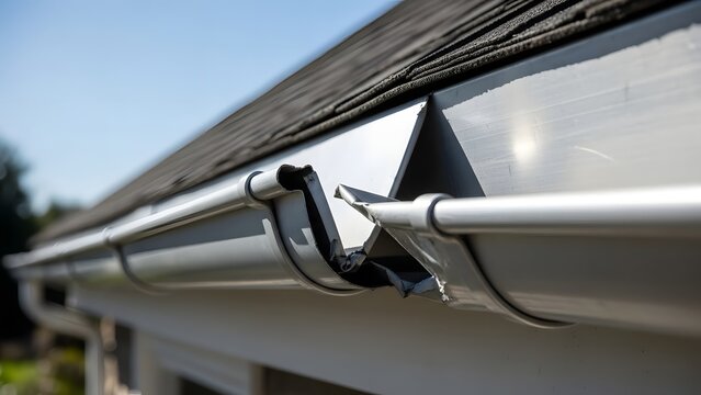 Close up of damaged white metal roof gutter with broken bracket under asphalt shingles damaged gutter