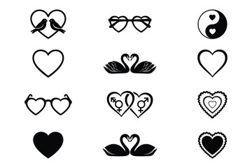 Heart love icons Valentine silhouette vector set
