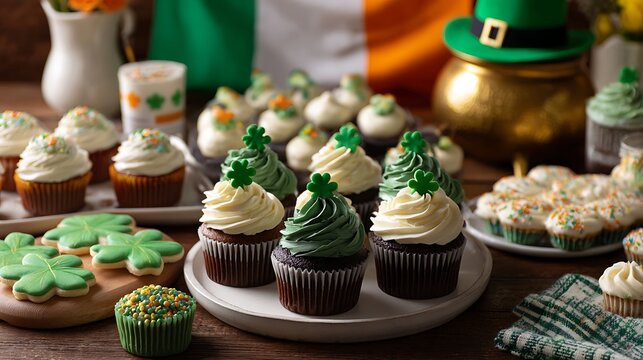 st patrick s day cupcakes and cookies on a wooden table