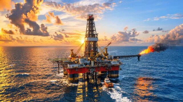 Deepwater production platform with flare stack burning at sunset. Support vessels and drilling derrick at sea. Orbiting aerial shot.