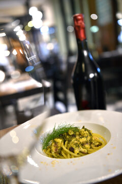 Pasta con le sarde or pasta with sardines is typical food Sicily region in Italy