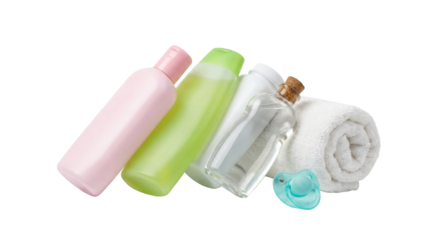 Baby Care Products: Lotion, Shampoo, Oil, Towel, and Pacifier on White Background
