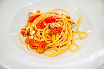 Spaghetti alla trabaccolara is typical food from Viareggio in Tuscany region in Italy
