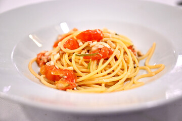 Spaghetti alla trabaccolara is typical food from Viareggio in Tuscany region in Italy
