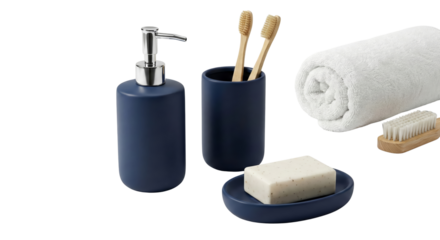Modern Bathroom Essentials: Soap Dispenser, Toothbrush Holder, Towel, Soap Dish, Brush