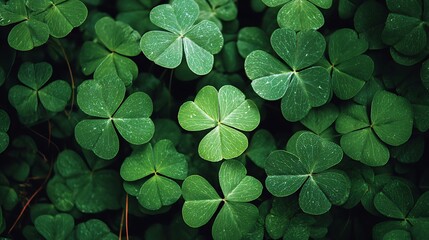 A close up view of lush green clover leaves with dewdrops