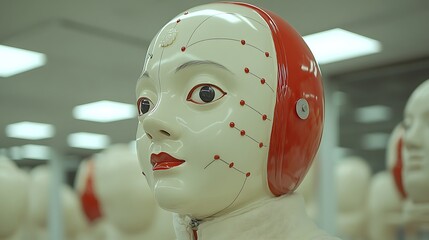 Robotic face with Asian features.