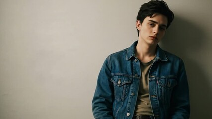 pensive young man in denim jacket leaning against wall for mental health blogs, therapy websites, social awareness posters, psychological education, with copy space