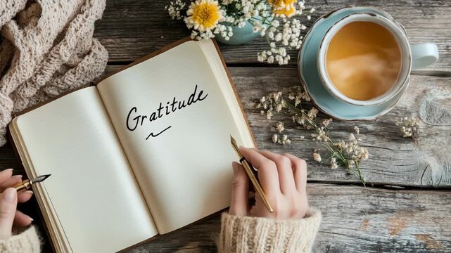 Top view of woman hands writing Gratitude in vintage notebook with steaming tea cup on rustic wooden table cozy flat lay ideal for Thanksgiving and mental health journaling