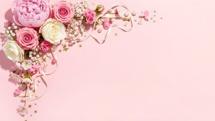 Cute floral background with pink roses and leaves