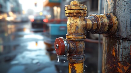 Rusty hydrant wet street.