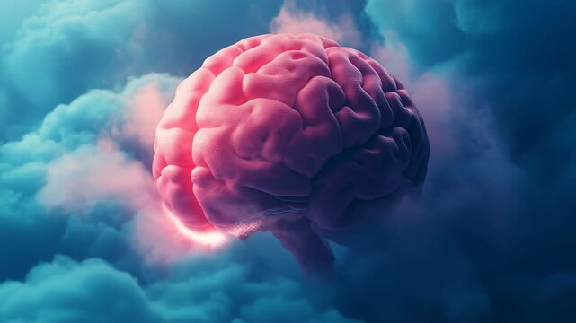 Surreal human brain floating in mysterious blue clouds with glowing energy light cinematic anatomy concept ideal for psychology mental health and artificial intelligence topics