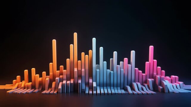 dark abstract background with equalizer and 3d city skyline featuring business buildings and urban architecture illustration