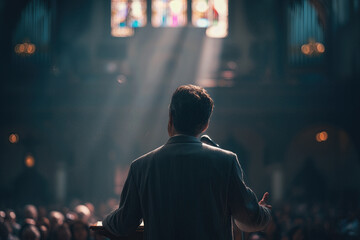 Pastor Delivering Sermon in Sunlit Church with Stained Glass