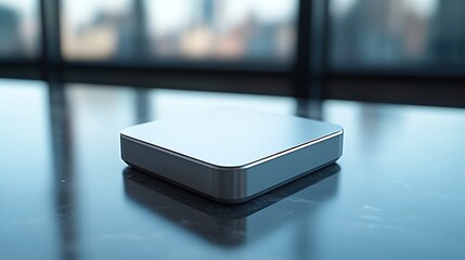 Sleek silver box on table.